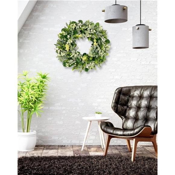 Green Eucalyptus Leaf Wreath, 24 Inch Artificial Spring Summer Wreaths - Picture 4 of 7